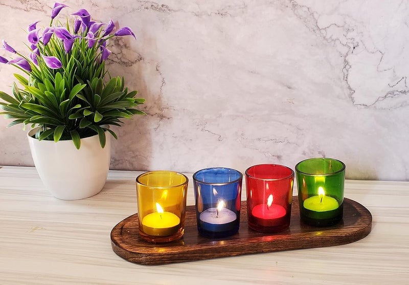 Pure Source India Glass Tealight Candle Holder with Tray -Diwali Decorations Items for Home and Diwali Gifts- Pack of 4 Votives, 4 Tealight Candles, 1 Wooden Tray - Image 1