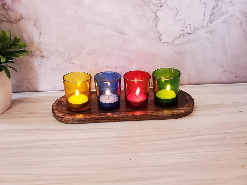 Pure Source India Glass Tealight Candle Holder with Tray -Diwali Decorations Items for Home and Diwali Gifts- Pack of 4 Votives, 4 Tealight Candles, 1 Wooden Tray - Image 3