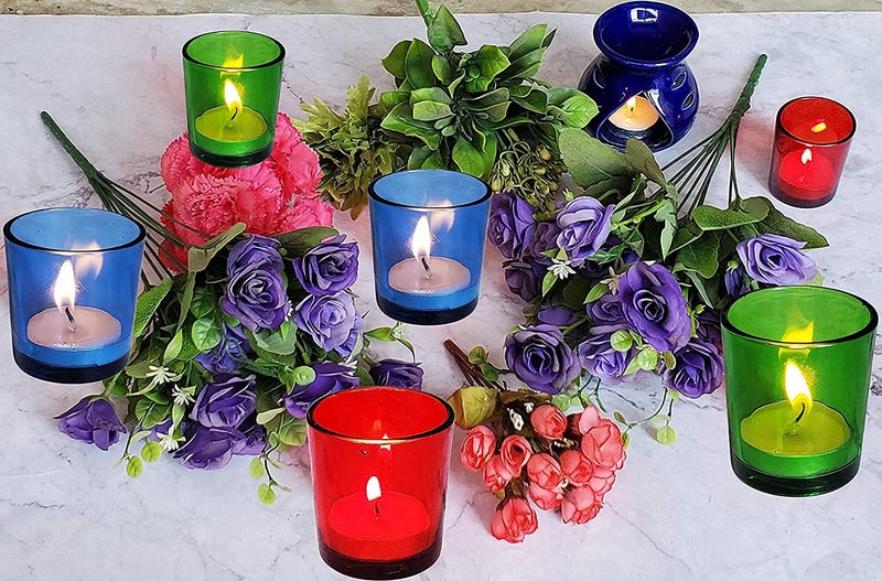 Pure Source India Glass Tealight Candle Holder with Tray -Diwali Decorations Items for Home and Diwali Gifts- Pack of 4 Votives, 4 Tealight Candles, 1 Wooden Tray - Image 2