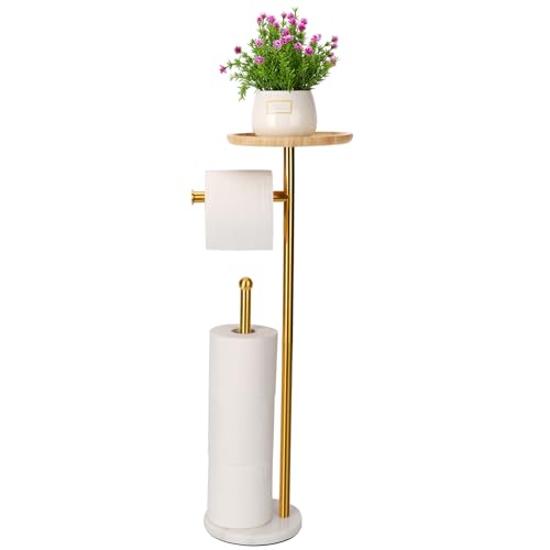 Songtec Standing Toilet Paper Holder Gold with 7.9" Big Tray, 2.2Lbs Heavier Marble Base, Freestanding Paper Holder Stand with Phone Shelf, Holds 5 Paper Rolls (Gold) - Image 1