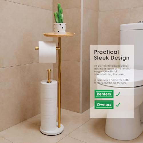 Songtec Standing Toilet Paper Holder Gold with 7.9" Big Tray, 2.2Lbs Heavier Marble Base, Freestanding Paper Holder Stand with Phone Shelf, Holds 5 Paper Rolls (Gold) - Image 4