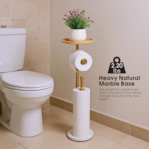 Songtec Standing Toilet Paper Holder Gold with 7.9" Big Tray, 2.2Lbs Heavier Marble Base, Freestanding Paper Holder Stand with Phone Shelf, Holds 5 Paper Rolls (Gold) - Image 3