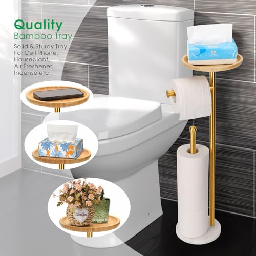 Songtec Standing Toilet Paper Holder Gold with 7.9" Big Tray, 2.2Lbs Heavier Marble Base, Freestanding Paper Holder Stand with Phone Shelf, Holds 5 Paper Rolls (Gold) - Image 5