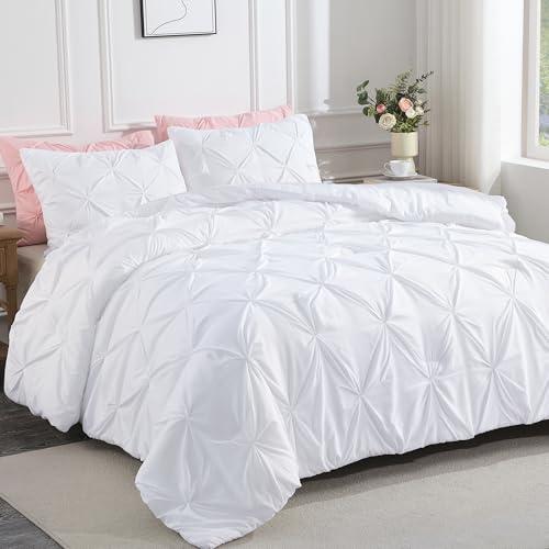 Andency White Full Size Comforter Set 79x90Inch 3 Pieces Cute Soft Pinch Pleat Bedding Comforters  Sets All Season Lightweight Fluffy Down Alternative Western Bed Set for Women Men Girls