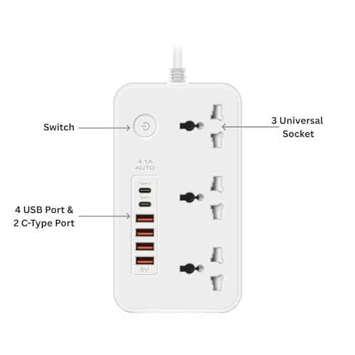NOJTI Extension Board, Power Strip with 6 USB Ports and 3 Universal Socket, 2500W 10A Extension Cord, 3-Pin Surge Protector Power Strip for Home, Office, Computer, Mobile Charging (White-Z65) - Image 3