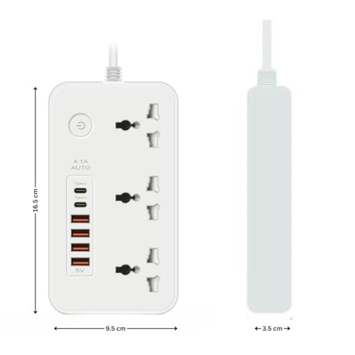 NOJTI Extension Board, Power Strip with 6 USB Ports and 3 Universal Socket, 2500W 10A Extension Cord, 3-Pin Surge Protector Power Strip for Home, Office, Computer, Mobile Charging (White-Z65) - Image 2