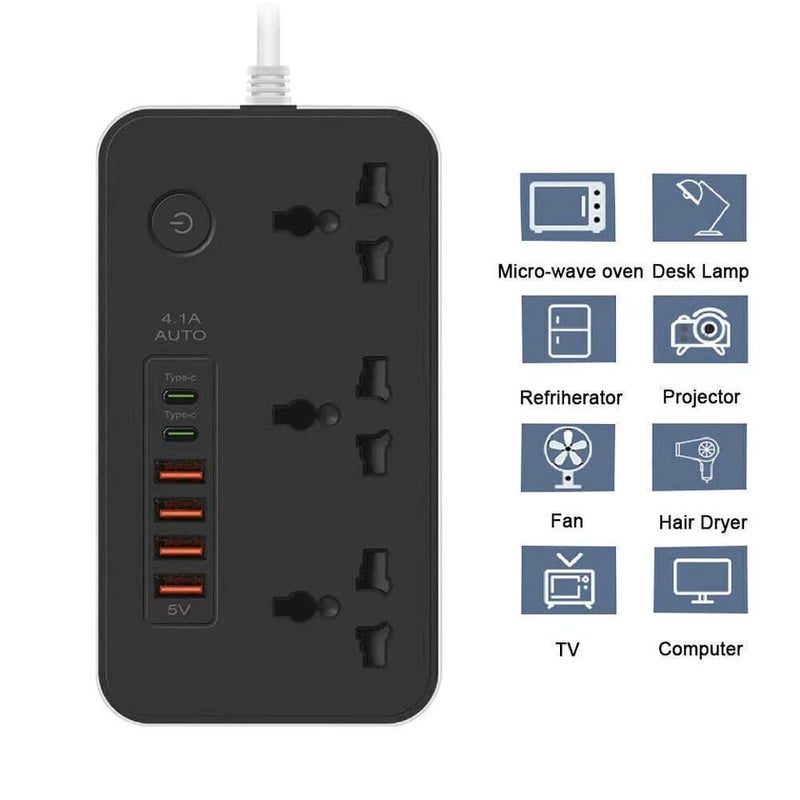 NOJTI Extension Board, Power Strip with 6 USB Ports and 3 Universal Socket, 2500W 10A Extension Cord, 3-Pin Surge Protector Power Strip for Home, Office, Computer, Mobile Charging (White-Z65) - Image 4