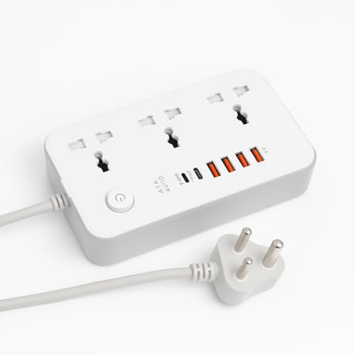 NOJTI Extension Board, Power Strip with 6 USB Ports and 3 Universal Socket, 2500W 10A Extension Cord, 3-Pin Surge Protector Power Strip for Home, Office, Computer, Mobile Charging (White-Z65) - Image 1