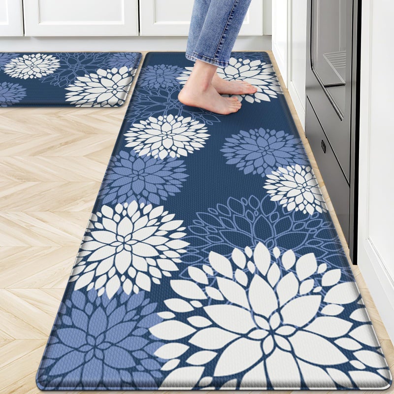 SofterCharm Kitchen Mats, 2PCS Non-Slip Cushioned Rugs, Anti-Fatigue Waterproof Floor Rug, Washable Standing Desk Mat, Home Laundry Office Apartment Decor and Accessories (17.3" Ã—59" +17.3" Ã—30"-Blue) - Image 1