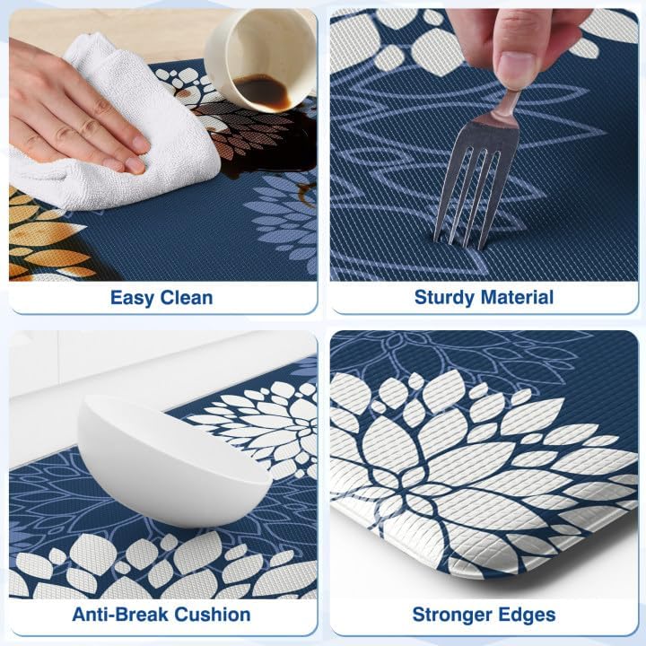 SofterCharm Kitchen Mats, 2PCS Non-Slip Cushioned Rugs, Anti-Fatigue Waterproof Floor Rug, Washable Standing Desk Mat, Home Laundry Office Apartment Decor and Accessories (17.3" Ã—59" +17.3" Ã—30"-Blue) - Image 5