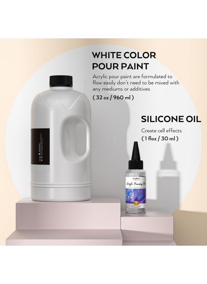Nicpro - Titanium White Color Acrylic Pour Paint 32 Ounce Premixed Pouring Paint Supplies With Silicone Pour Oil & Gloves For Canvas Rock Wood Cell Creation Flow Diy Art Painting Ready To Pour - Image 1