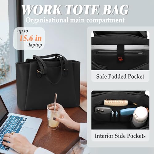 RAINSMORE Laptop Bag for Women 15.6 Inch, Waterproof Faux Leather Work Tote Bag with Clutch Purse, Large Office Bag for Commute, College, Black - Image 3