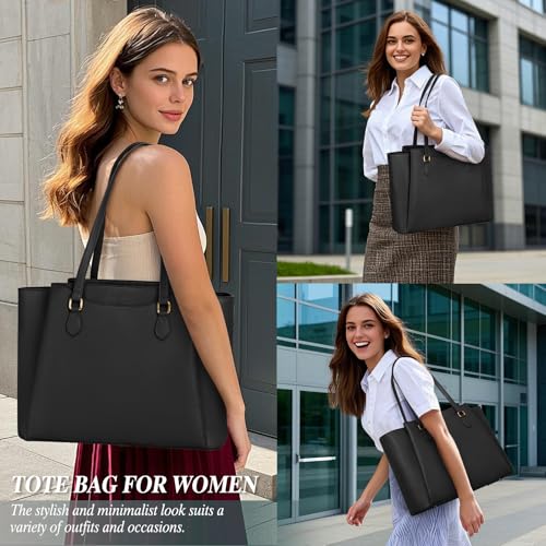 RAINSMORE Laptop Bag for Women 15.6 Inch, Waterproof Faux Leather Work Tote Bag with Clutch Purse, Large Office Bag for Commute, College, Black - Image 2