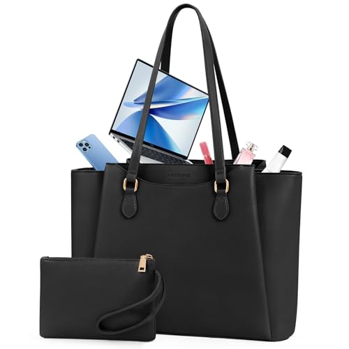 RAINSMORE Laptop Bag for Women 15.6 Inch, Waterproof Faux Leather Work Tote Bag with Clutch Purse, Large Office Bag for Commute, College, Black - Image 1