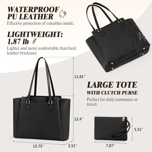 RAINSMORE Laptop Bag for Women 15.6 Inch, Waterproof Faux Leather Work Tote Bag with Clutch Purse, Large Office Bag for Commute, College, Black - Image 5