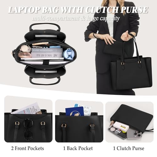 RAINSMORE Laptop Bag for Women 15.6 Inch, Waterproof Faux Leather Work Tote Bag with Clutch Purse, Large Office Bag for Commute, College, Black - Image 4
