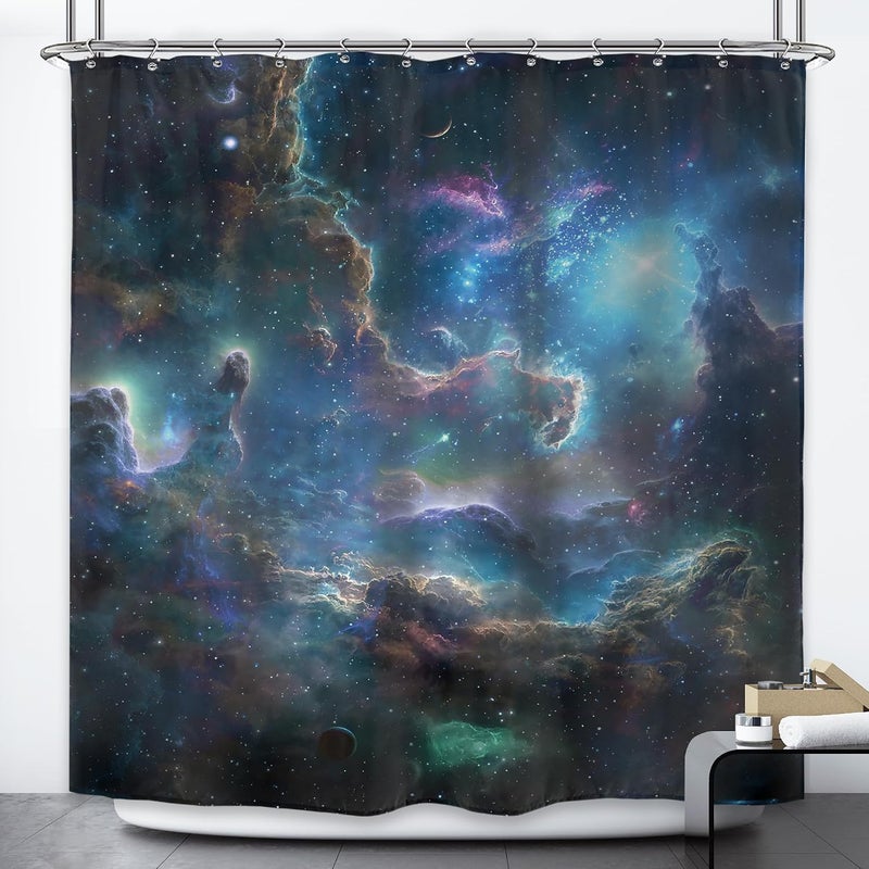 Riyidecor Galaxy Nebula Shower Curtain 72Wx72H Inch Starry Sky Outer Space Fantasy Cosmic Universe Solar System Planet Kids Boys Bathroom Decor Fabric Polyester Waterproof 12 Pack Hooks - Image 1