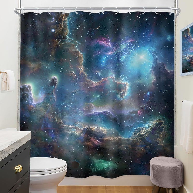 Riyidecor Galaxy Nebula Shower Curtain 72Wx72H Inch Starry Sky Outer Space Fantasy Cosmic Universe Solar System Planet Kids Boys Bathroom Decor Fabric Polyester Waterproof 12 Pack Hooks - Image 4