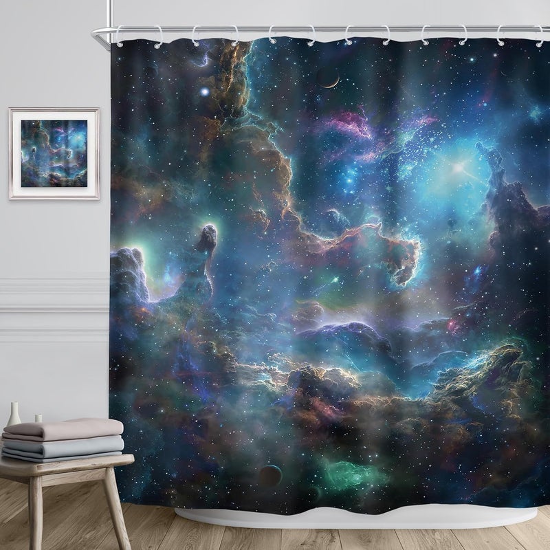 Riyidecor Galaxy Nebula Shower Curtain 72Wx72H Inch Starry Sky Outer Space Fantasy Cosmic Universe Solar System Planet Kids Boys Bathroom Decor Fabric Polyester Waterproof 12 Pack Hooks - Image 3