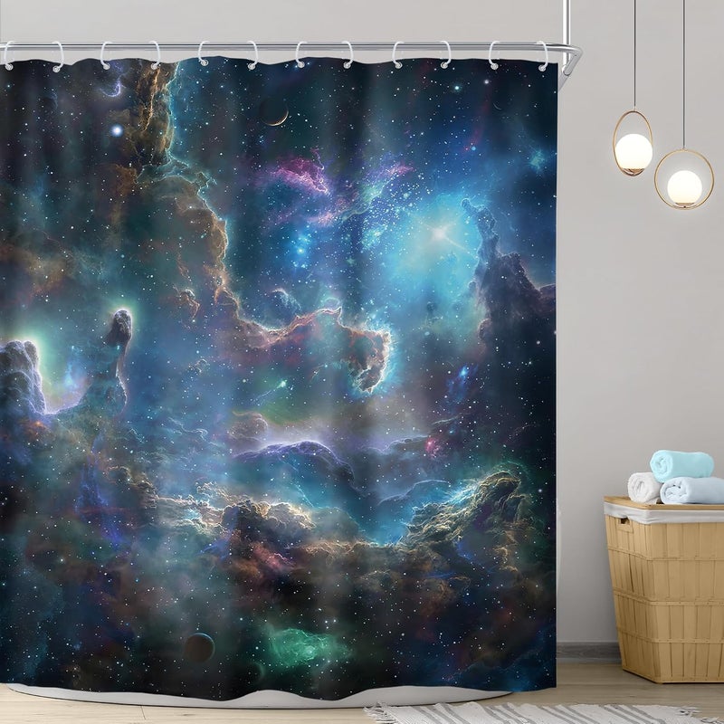 Riyidecor Galaxy Nebula Shower Curtain 72Wx72H Inch Starry Sky Outer Space Fantasy Cosmic Universe Solar System Planet Kids Boys Bathroom Decor Fabric Polyester Waterproof 12 Pack Hooks - Image 2