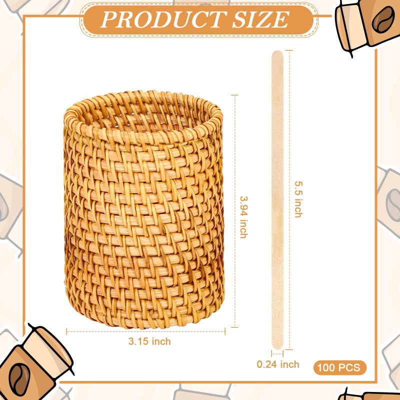 DLUGOPIS 100 Pcs Wood Rattan Coffee Stirrers Holder Set Coffee Stir Sticks Wood Cocktail Stirrers Disposable Beverage Stirrer Sticks 5 Inch Stirring Sticks For Coffee Bar Home Counter Hot or Cold Drinks Tea - Image 2