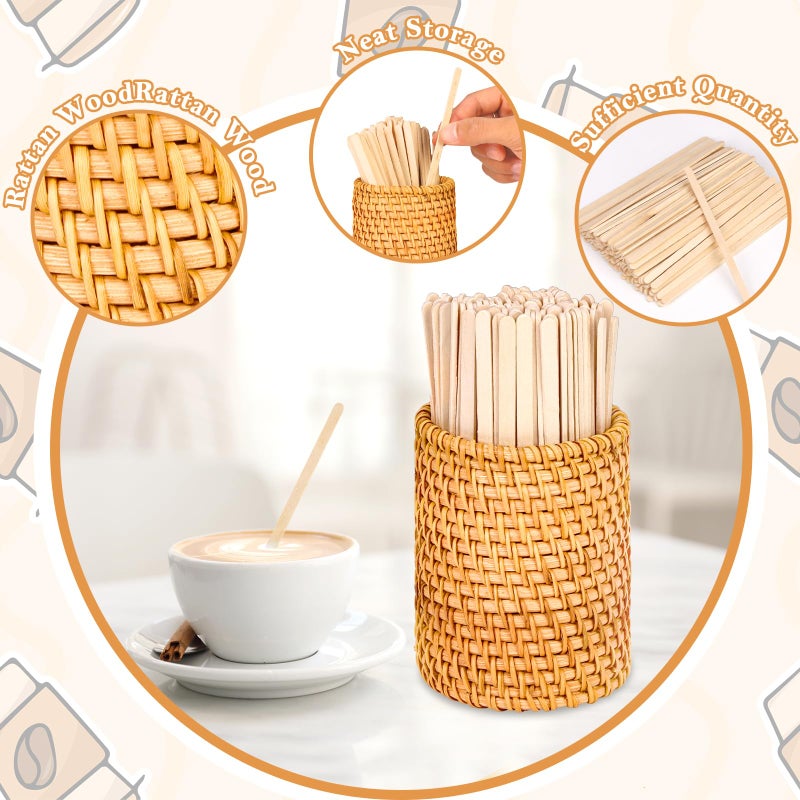DLUGOPIS 100 Pcs Wood Rattan Coffee Stirrers Holder Set Coffee Stir Sticks Wood Cocktail Stirrers Disposable Beverage Stirrer Sticks 5 Inch Stirring Sticks For Coffee Bar Home Counter Hot or Cold Drinks Tea - Image 3