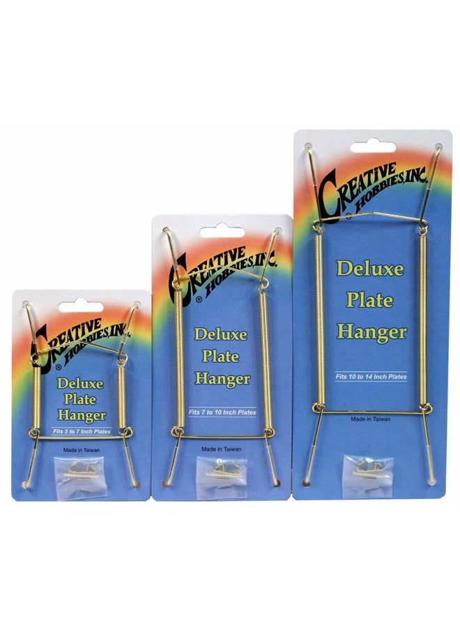 Creative Hobbies Deluxe Plate Display Hangers - 3 Different Sizes Assortment - Assembled & Ready to Use - Hang 5 to 14 Inch Plates - Gold Wire Spring Type, Hanger Hooks & Nails Included | Pack of 3 Hangers - Image 1