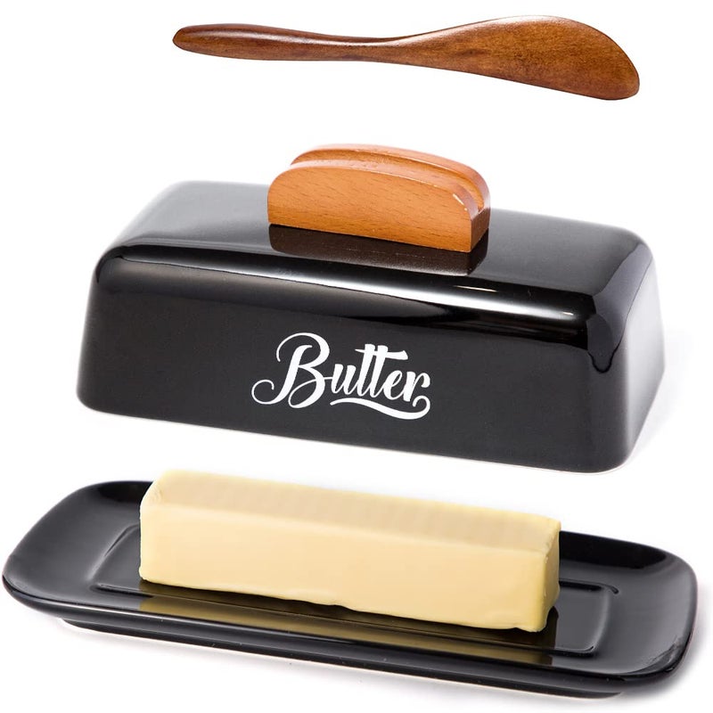 Butter Dish with Lid and Knife Ceramic Butter Holder for Counter Humanized Clampable Knife Handle Design Perfect for East West Coast Butter Skyblue