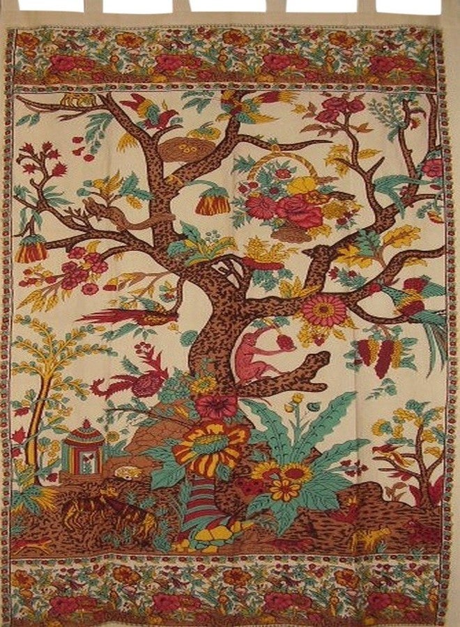 India Arts Tree of Life Tab Top Curtain Drape Panel Cotton 44" x 88" Beige - Image 1