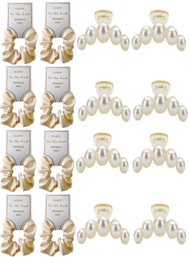 TCOMVEZ 16pcs Bridesmaid Gifts,Bridesmaid Proposal Gifts, Pearl Hair Clips Satin Scrunchies Hair Accessories for Bachelorette Wedding Party Favors (Beige) - Image 1