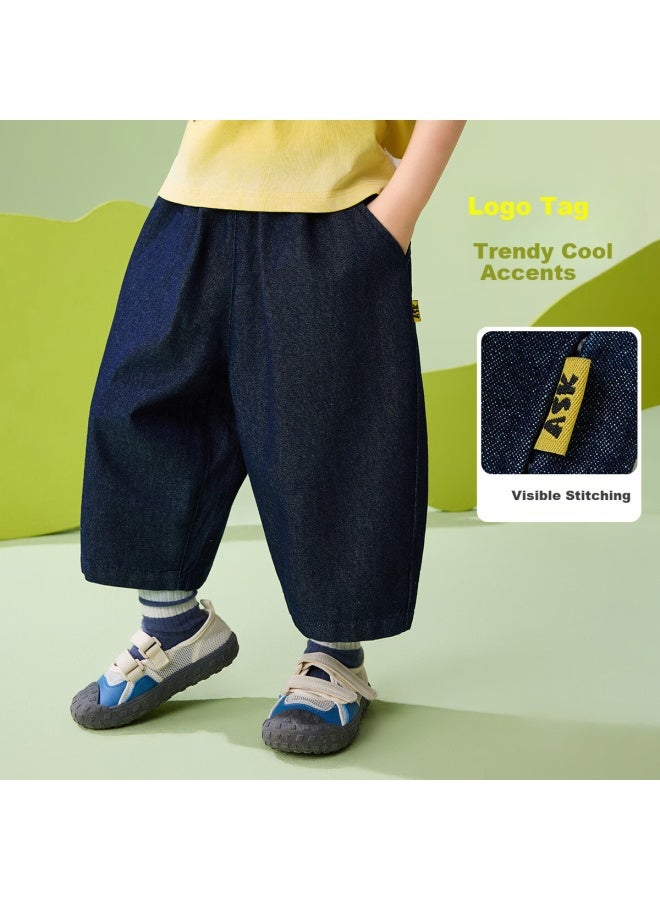 Ask Junior Kids Children's Pants Spring Denim Boys Vintage Loose Harem Casual Cropped Pants Navy Blue Size 120 - Image 3