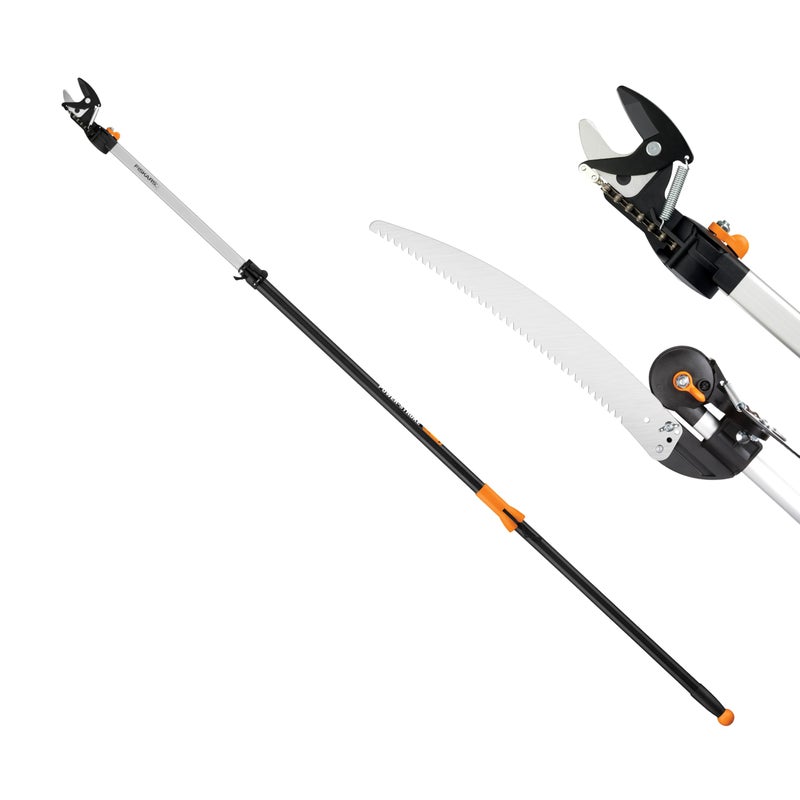 Fiskars 2-in-1 Extendable Tree Pruner and Pole Saw (Extends 7.9 - 12 feet) with Rotating Head, Pruning Stik Model with 15-Inch Double-Grind Saw Blade, and Double Locking System - Image 1