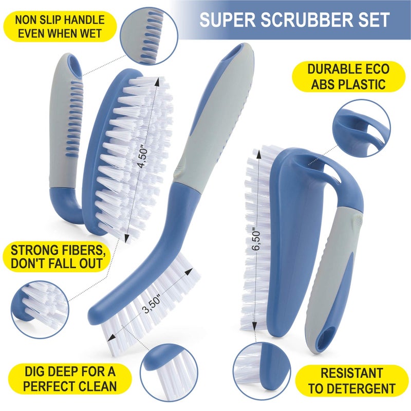Trazon Scrub Brush Set of 3pcs - Cleaning Shower Scrubber with Ergonomic Handle and Durable Bristles - Grout Cleaner Brush - Scrub Brushes for Cleaning Bathroom/Shower/Tile/Kitchen/Floor/Bathtub/Carpet, Blue - Image 2