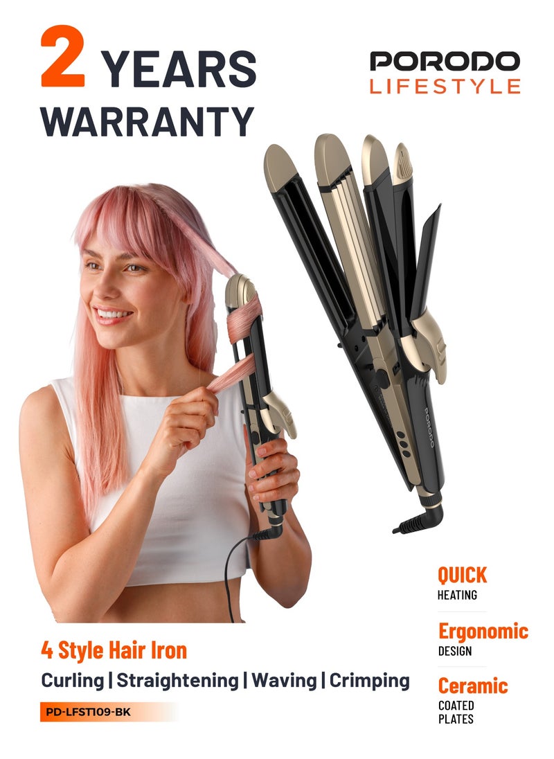 porodo Hair Iron 60W with 4 Styling Modes & Ceramic Coated Plates / Curling / Straightening / Waving / Crimping / Ergonomic Design / Quick Heating / LED Display / Heat-Resistant Design / UK 3-Pin Power Plug - Black  - Image 1