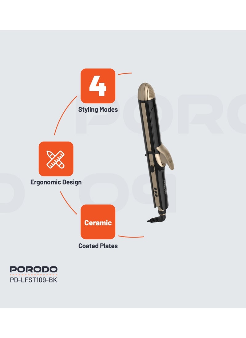 porodo Hair Iron 60W with 4 Styling Modes & Ceramic Coated Plates / Curling / Straightening / Waving / Crimping / Ergonomic Design / Quick Heating / LED Display / Heat-Resistant Design / UK 3-Pin Power Plug - Black  - Image 3