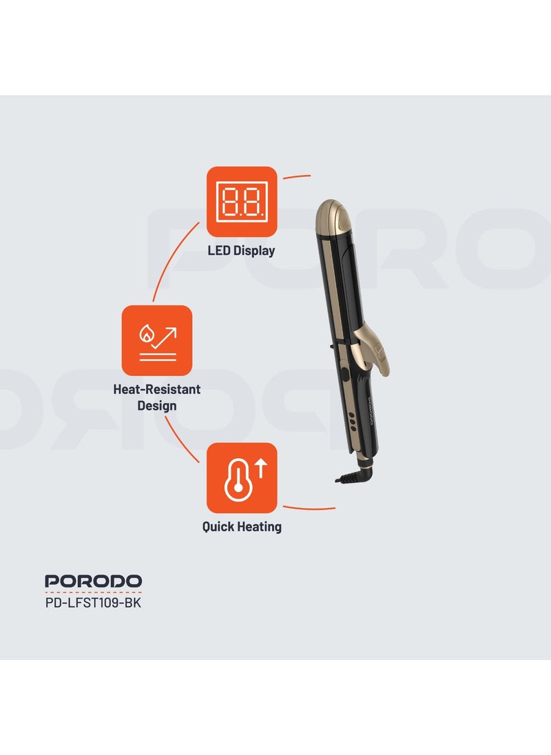 porodo Hair Iron 60W with 4 Styling Modes & Ceramic Coated Plates / Curling / Straightening / Waving / Crimping / Ergonomic Design / Quick Heating / LED Display / Heat-Resistant Design / UK 3-Pin Power Plug - Black  - Image 2