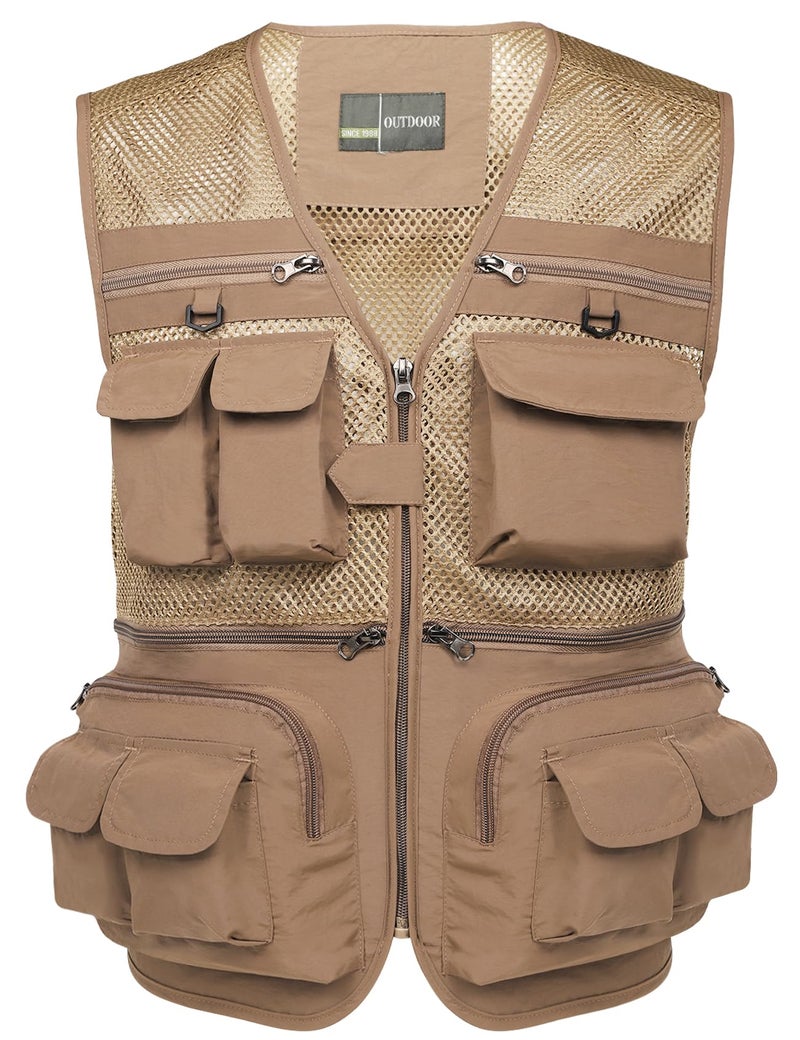 Flygo Mens Fishing Vest Utility Lightweight Outdoor Travel Safari Photo Cargo Vest with 16 pockets mesh Khaki M