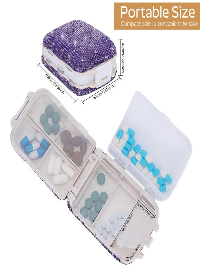 Soleebee Portable 8 Compartments Daily Pill Organizer, Bling Crystal Pill Box Case, Small Travel Pill Planner, Pill Dispenser, Medicine Container Organizer to Hold Vitamin, Fish Oil (Purple - Image 2