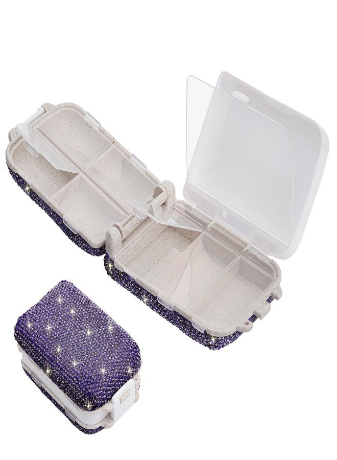Soleebee Portable 8 Compartments Daily Pill Organizer, Bling Crystal Pill Box Case, Small Travel Pill Planner, Pill Dispenser, Medicine Container Organizer to Hold Vitamin, Fish Oil (Purple - Image 1