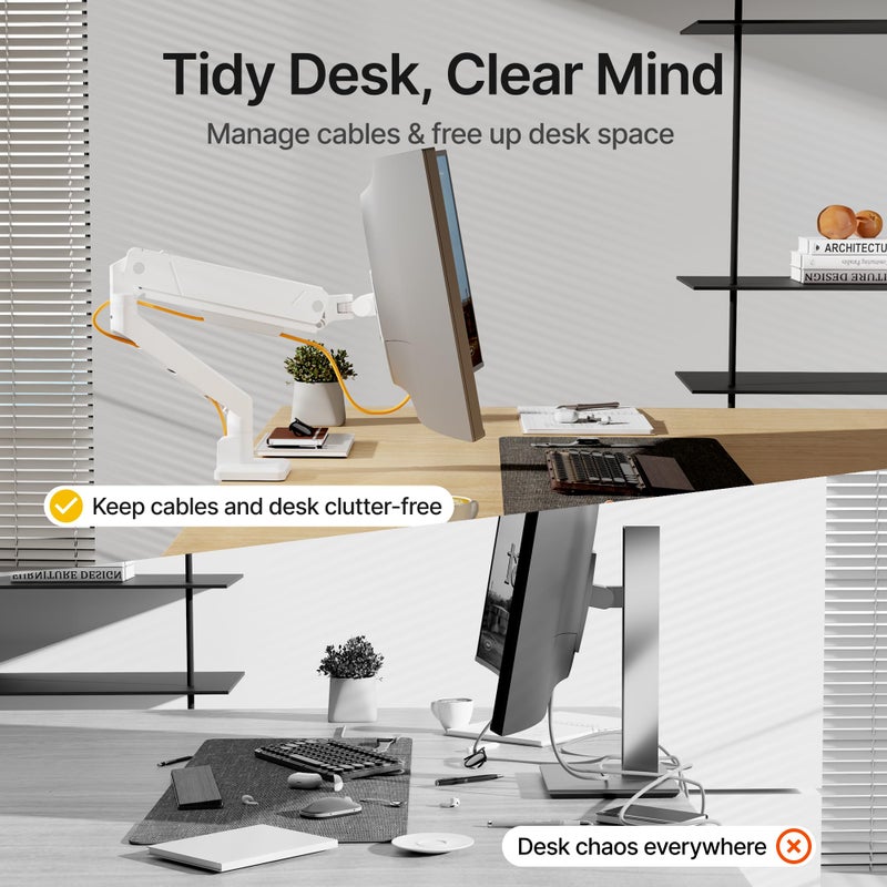 monTEK Single Monitor Arm for Max 45 Inch Ultrawide Screens Adjustable Monitor Desk Mount Holds 35 Lbs Cable Management with C Clamp/Grommet Desk Mount, VESA 75/100mm, MA1007WH - Image 5