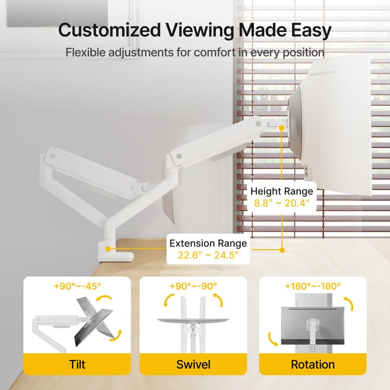 monTEK Single Monitor Arm for Max 45 Inch Ultrawide Screens Adjustable Monitor Desk Mount Holds 35 Lbs Cable Management with C Clamp/Grommet Desk Mount, VESA 75/100mm, MA1007WH - Image 2