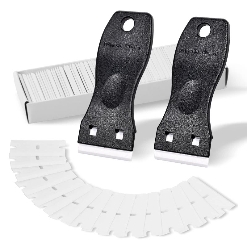 FOSHIO FOSHIO 2PCS Plastic Razor Blade Scraper Tool and 100PCS Plastic Blades for Gasket Remover, Sticker Remover, Labels Decal and Adhesive Remover for Windows and Glass (Dark Black)  - Image 1
