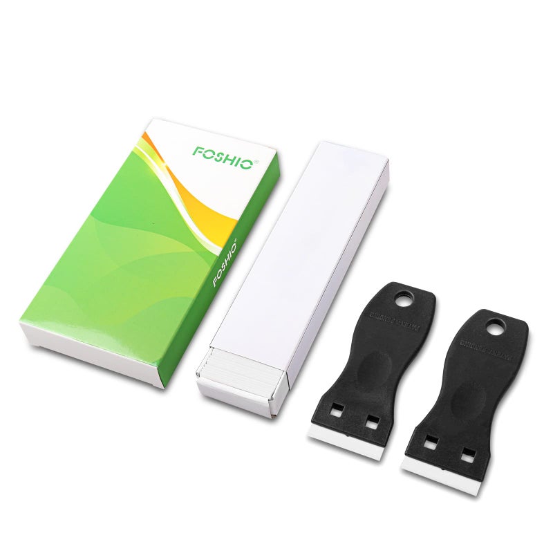 FOSHIO FOSHIO 2PCS Plastic Razor Blade Scraper Tool and 100PCS Plastic Blades for Gasket Remover, Sticker Remover, Labels Decal and Adhesive Remover for Windows and Glass (Dark Black)  - Image 2