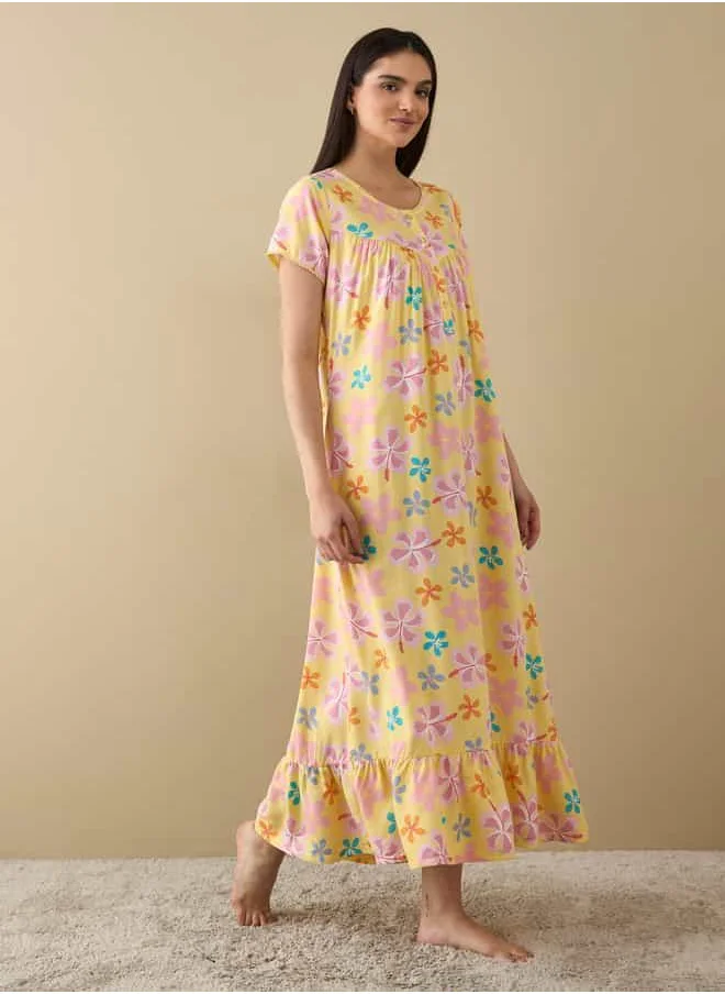 FAV All-Over Floral Print Night Gown with Flounce Hem