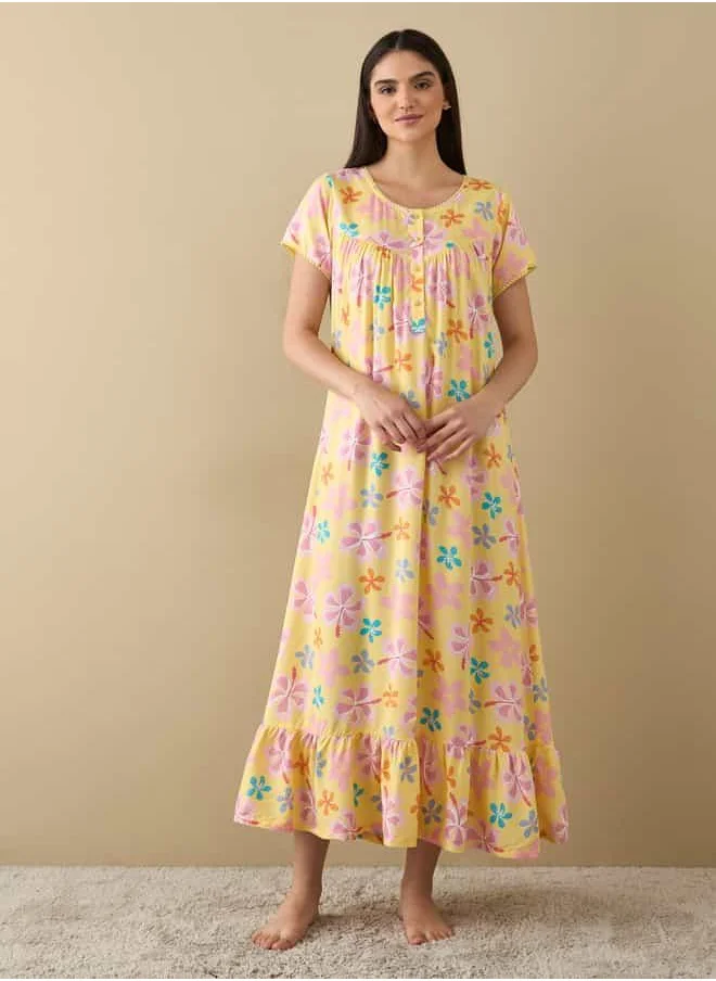 FAV All-Over Floral Print Night Gown with Flounce Hem