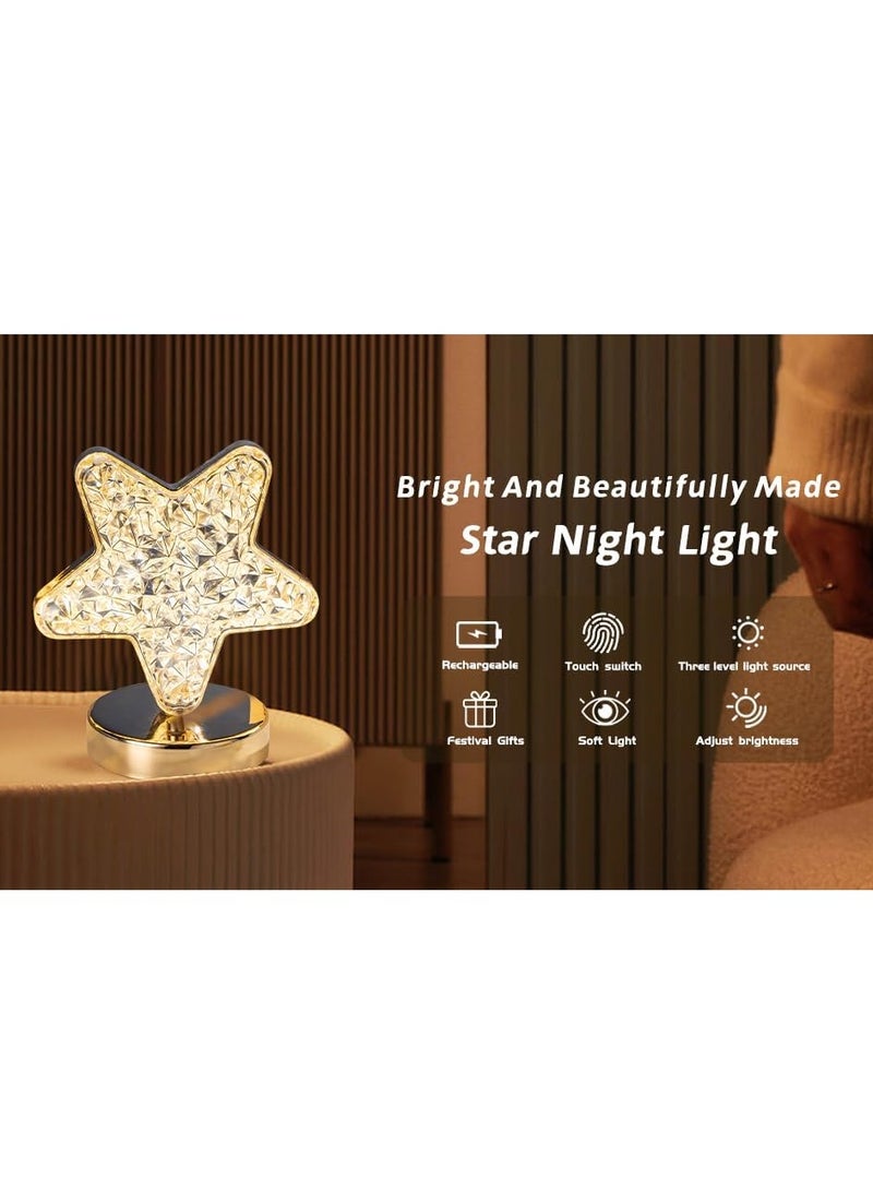 مصباح طاولة لاسلكي على شكل نجمة، مصباح طاولة قابل للتعتيم بثلاثة ألوان، ضوء نجمة بتحكم باللمس، مصباح جانبي قابل لإعادة الشحن عبر USB، ضوء ليلي لطيف لغرفة النوم وغرفة المعيشة وديكور المنزل (نجمة) - Image 1