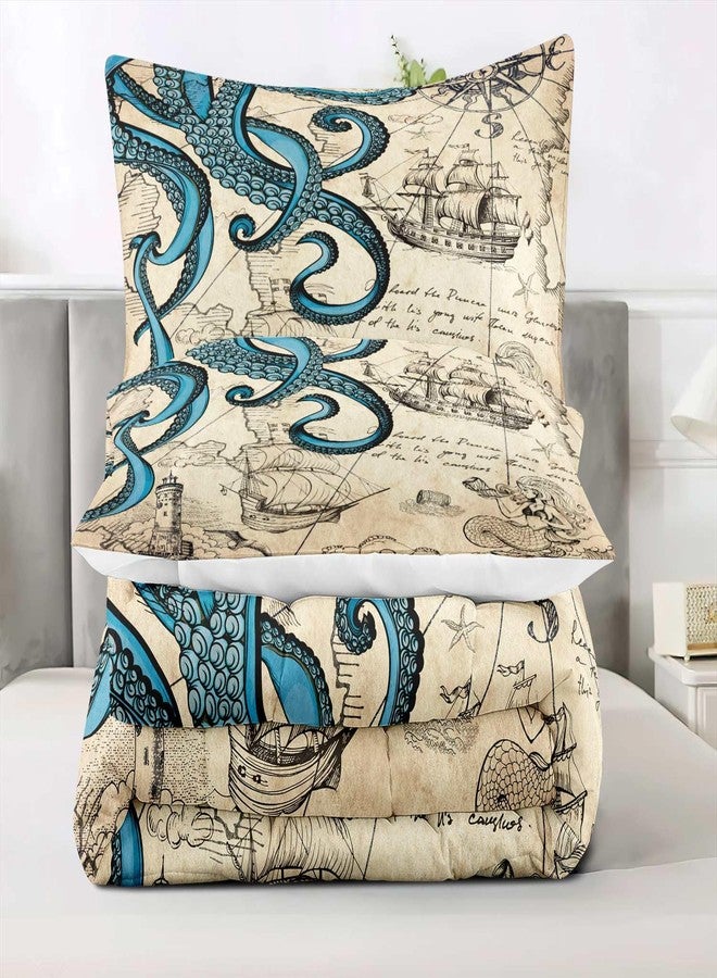 LUVIVIHOME 3PCS Blue Octopus Comforter Set Queen Size, Nautical Bedding, Mermaid Funny Ocean Kraken Tentacle Map Anchor Lighthouse Sailboat Compass Coastal Bedroom Decor, Vintage Quilt, 2 Pillow Shams - Image 5