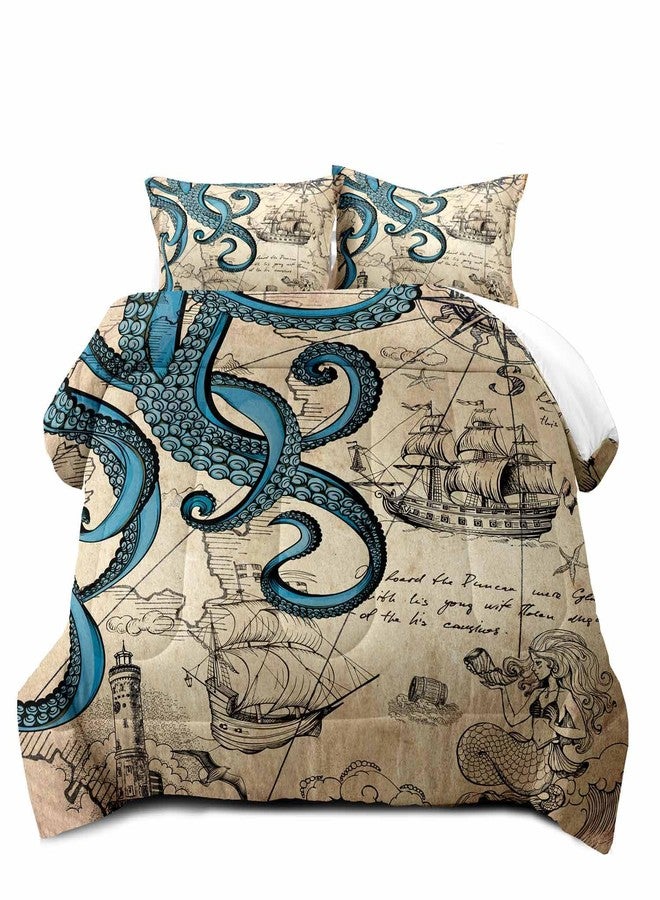 LUVIVIHOME 3PCS Blue Octopus Comforter Set Queen Size, Nautical Bedding, Mermaid Funny Ocean Kraken Tentacle Map Anchor Lighthouse Sailboat Compass Coastal Bedroom Decor, Vintage Quilt, 2 Pillow Shams - Image 3