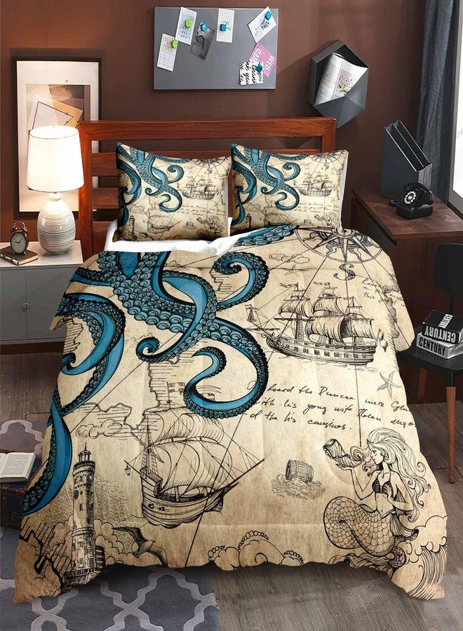 LUVIVIHOME 3PCS Blue Octopus Comforter Set Queen Size, Nautical Bedding, Mermaid Funny Ocean Kraken Tentacle Map Anchor Lighthouse Sailboat Compass Coastal Bedroom Decor, Vintage Quilt, 2 Pillow Shams - Image 1