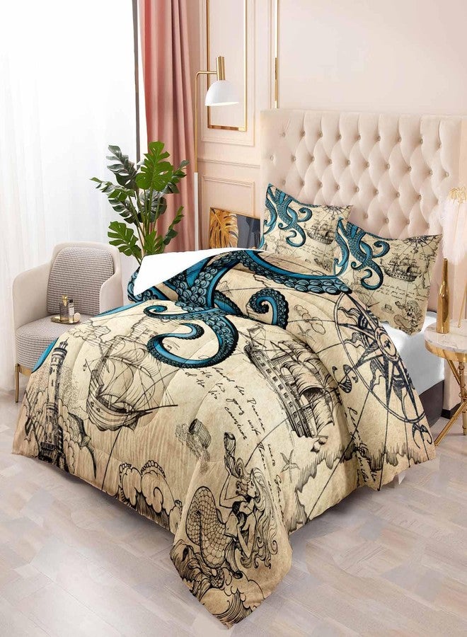 LUVIVIHOME 3PCS Blue Octopus Comforter Set Queen Size, Nautical Bedding, Mermaid Funny Ocean Kraken Tentacle Map Anchor Lighthouse Sailboat Compass Coastal Bedroom Decor, Vintage Quilt, 2 Pillow Shams - Image 4